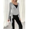 imageSweatyRocks Womens 2 Pack Yoga Shirts Wrap Ruched Tie Front Long Sleeve Workout T ShirtsBlack and Grey