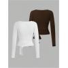 imageSweatyRocks Womens 2 Pack Yoga Shirts Wrap Ruched Tie Front Long Sleeve Workout T ShirtsBrown and White