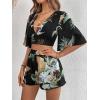 imageSweatyRocks Womens 2 Piece Boho Butterfly Sleeve Knot Front Crop Top with Shorts SetBlack Floral Leaf