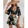 imageSweatyRocks Womens 2 Piece Boho Butterfly Sleeve Knot Front Crop Top with Shorts SetBlack Floral Leaf