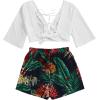 imageSweatyRocks Womens 2 Piece Boho Butterfly Sleeve Knot Front Crop Top with Shorts SetWhite Black Leaf