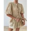 imageSweatyRocks Womens 2 Piece Outfits Bow Tie Front Puff Sleeve Lace Trim Blouses and Shorts SetsApricot