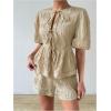imageSweatyRocks Womens 2 Piece Outfits Bow Tie Front Puff Sleeve Lace Trim Blouses and Shorts SetsApricot