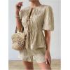 imageSweatyRocks Womens 2 Piece Outfits Bow Tie Front Puff Sleeve Lace Trim Blouses and Shorts SetsApricot