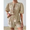 imageSweatyRocks Womens 2 Piece Outfits Bow Tie Front Puff Sleeve Lace Trim Blouses and Shorts SetsApricot