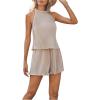 imageSweatyRocks Womens 2 Piece Outfits Lettuce Trim Pleated Sleeveless Halter Top and Shorts SetKhaki