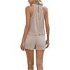 imageSweatyRocks Womens 2 Piece Outfits Lettuce Trim Pleated Sleeveless Halter Top and Shorts SetKhaki