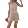 imageSweatyRocks Womens 2 Piece Outfits Lettuce Trim Pleated Sleeveless Halter Top and Shorts SetKhaki
