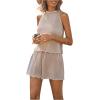 imageSweatyRocks Womens 2 Piece Outfits Lettuce Trim Pleated Sleeveless Halter Top and Shorts SetKhaki