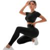 imageSweatyRocks Womens 2 Piece Workout Sets Seamless Yoga Leggings Short Sleeve Padded Crop Tops Matching SetBlack