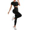 imageSweatyRocks Womens 2 Piece Workout Sets Seamless Yoga Leggings Short Sleeve Padded Crop Tops Matching SetBlack
