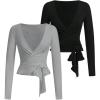 imageSweatyRocks Womens 2 Pack Yoga Shirts Wrap Ruched Tie Front Long Sleeve Workout T ShirtsBlack and Grey