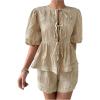 imageSweatyRocks Womens 2 Piece Outfits Bow Tie Front Puff Sleeve Lace Trim Blouses and Shorts SetsApricot