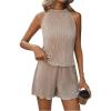 imageSweatyRocks Womens 2 Piece Outfits Lettuce Trim Pleated Sleeveless Halter Top and Shorts SetKhaki