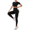 imageSweatyRocks Womens 2 Piece Workout Sets Seamless Yoga Leggings Short Sleeve Padded Crop Tops Matching SetBlack