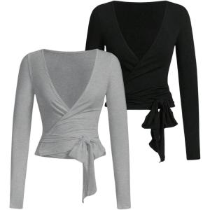 imageSweatyRocks Womens 2 Pack Yoga Shirts Wrap Ruched Tie Front Long Sleeve Workout T ShirtsBlack and Grey