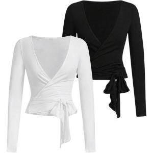 imageSweatyRocks Womens 2 Pack Yoga Shirts Wrap Ruched Tie Front Long Sleeve Workout T ShirtsBlack and White