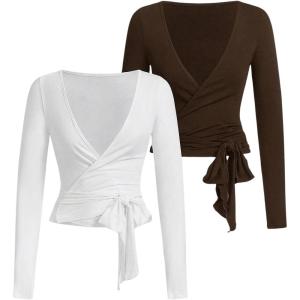 imageSweatyRocks Womens 2 Pack Yoga Shirts Wrap Ruched Tie Front Long Sleeve Workout T ShirtsBrown and White