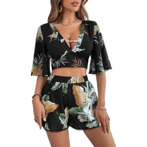 imageSweatyRocks Womens 2 Piece Boho Butterfly Sleeve Knot Front Crop Top with Shorts SetBlack Floral Leaf