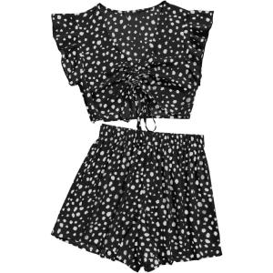 imageSweatyRocks Womens 2 Piece Boho Butterfly Sleeve Knot Front Crop Top with Shorts SetBlack White