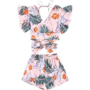 imageSweatyRocks Womens 2 Piece Boho Butterfly Sleeve Knot Front Crop Top with Shorts SetFlower Dusty Pink