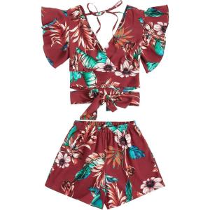 imageSweatyRocks Womens 2 Piece Boho Butterfly Sleeve Knot Front Crop Top with Shorts SetFlower Red