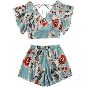 imageSweatyRocks Womens 2 Piece Boho Butterfly Sleeve Knot Front Crop Top with Shorts SetLight Green