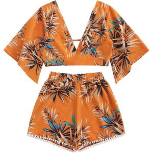 imageSweatyRocks Womens 2 Piece Boho Butterfly Sleeve Knot Front Crop Top with Shorts SetTropical Orange