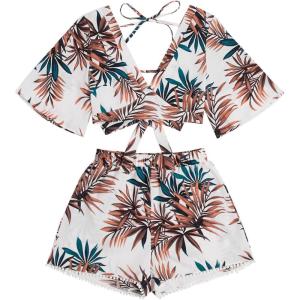 imageSweatyRocks Womens 2 Piece Boho Butterfly Sleeve Knot Front Crop Top with Shorts SetTropical White