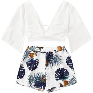 imageSweatyRocks Womens 2 Piece Boho Butterfly Sleeve Knot Front Crop Top with Shorts SetWhite