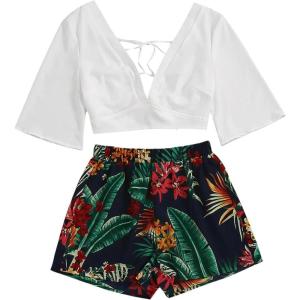 imageSweatyRocks Womens 2 Piece Boho Butterfly Sleeve Knot Front Crop Top with Shorts SetWhite Black Leaf