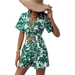imageSweatyRocks Womens 2 Piece Boho Butterfly Sleeve Knot Front Crop Top with Shorts SetWhite Green