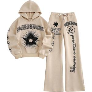 imageSweatyRocks Womens 2 Piece Outfit Letter Graphic Long Sleeve Hoodies and Sweatpants SetsApricot