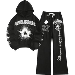 imageSweatyRocks Womens 2 Piece Outfit Letter Graphic Long Sleeve Hoodies and Sweatpants SetsBlack