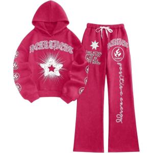 imageSweatyRocks Womens 2 Piece Outfit Letter Graphic Long Sleeve Hoodies and Sweatpants SetsHot Pink