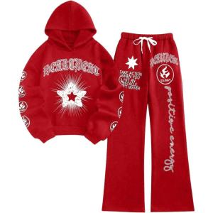 imageSweatyRocks Womens 2 Piece Outfit Letter Graphic Long Sleeve Hoodies and Sweatpants SetsRed