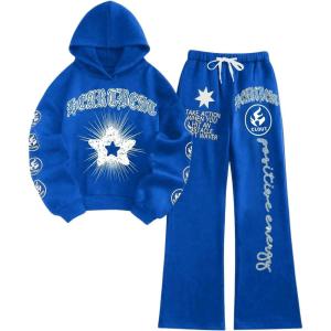 imageSweatyRocks Womens 2 Piece Outfit Letter Graphic Long Sleeve Hoodies and Sweatpants SetsRoyal Blue
