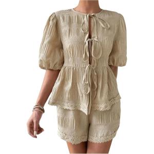imageSweatyRocks Womens 2 Piece Outfits Bow Tie Front Puff Sleeve Lace Trim Blouses and Shorts SetsApricot