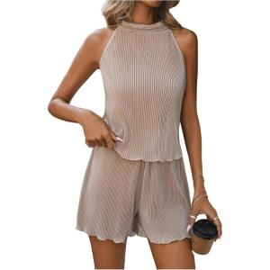imageSweatyRocks Womens 2 Piece Outfits Lettuce Trim Pleated Sleeveless Halter Top and Shorts SetKhaki