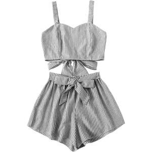 imageSweatyRocks Womens 2 Piece Outfits Summer Sleeveless Tie Back Crop Cami Top and Shorts SetBlack