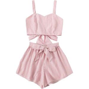imageSweatyRocks Womens 2 Piece Outfits Summer Sleeveless Tie Back Crop Cami Top and Shorts SetPink