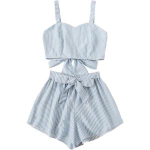imageSweatyRocks Womens 2 Piece Outfits Summer Sleeveless Tie Back Crop Cami Top and Shorts SetStripe