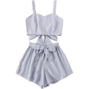 imageSweatyRocks Womens 2 Piece Outfits Summer Sleeveless Tie Back Crop Cami Top and Shorts SetStripe Blue