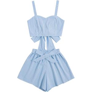 imageSweatyRocks Womens 2 Piece Outfits Summer Sleeveless Tie Back Crop Cami Top and Shorts SetTeal Blue