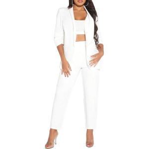 imageSweatyRocks Womens 2 Piece Solid Ruched Sleeve Blazer and Pants Business Office Suit SetSolid White