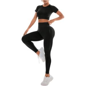 imageSweatyRocks Womens 2 Piece Workout Sets Seamless Yoga Leggings Short Sleeve Padded Crop Tops Matching SetBlack