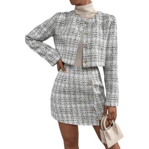 imageSweatyRocks Womens Business Suit 2 Pieces Tweed Blazer Jacket Coat and Skirt SetPale White