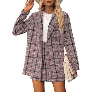 imageSweatyRocks Womens Business Suit 2 Pieces Tweed Blazer Jacket Coat and Skirt SetRed Black Plaid
