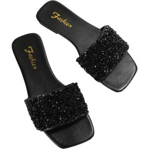 imageSweatyRocks Womens Casual PU Leather Flat Sandals Rhinestone Glitter Open Toe Slides Outdoor Flat SandalsBlack