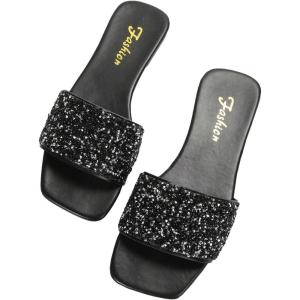 imageSweatyRocks Womens Casual PU Leather Flat Sandals Rhinestone Glitter Open Toe Slides Outdoor Flat SandalsSolid Black